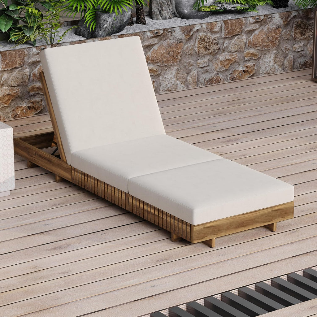 Outdoor Chaise Lounge Chair, Patio Lounge Chair, Solid Acacia Wood Pool Lounger, 6-Position Adjustable Backrest