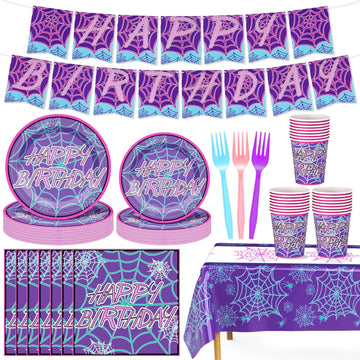 24 Set Spider Birthday Supplies and Decorations, 1, Purple Happy Birthday