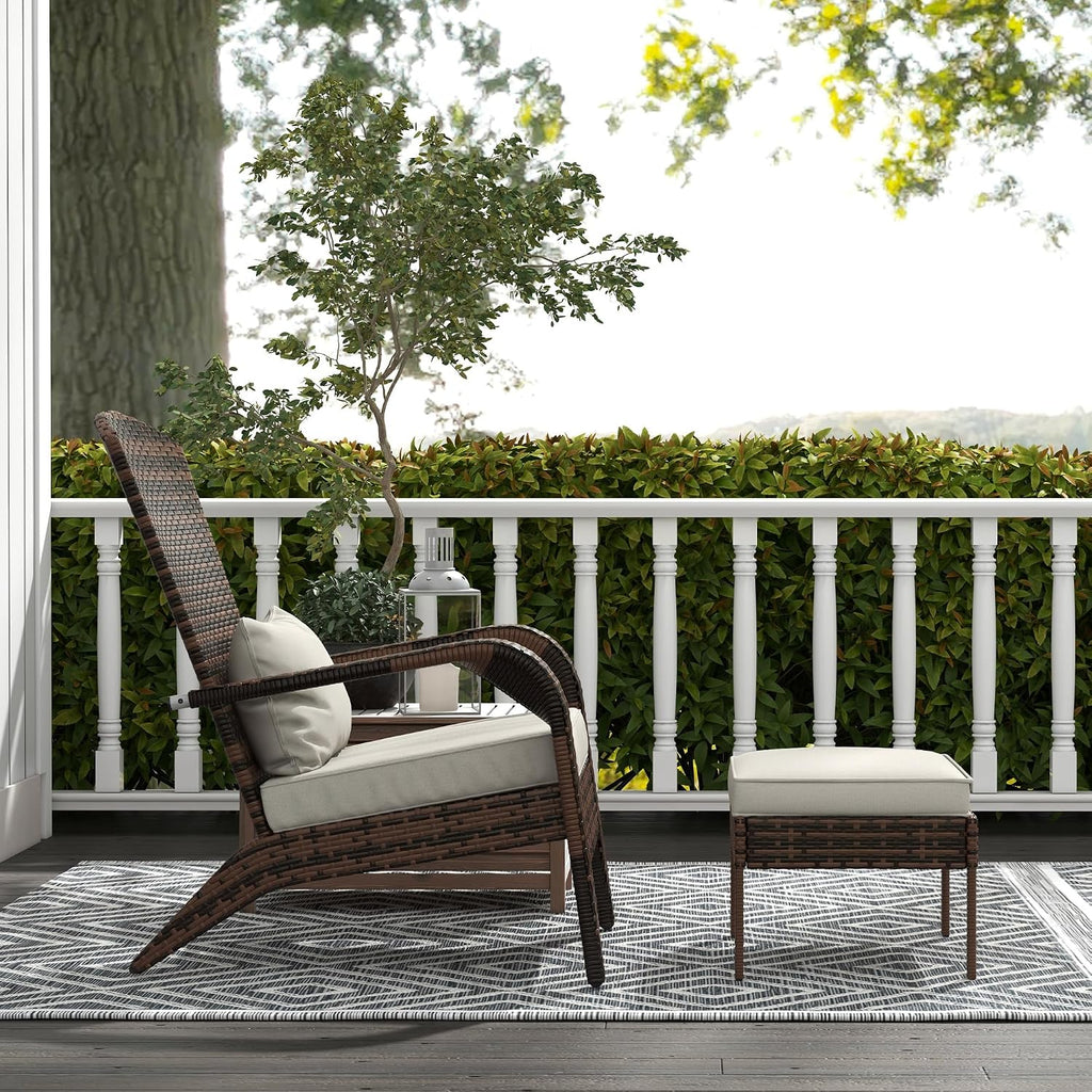 Patio Wicker Adirondack Chair with Ottoman High-Back Cream White | Outdoor Fire Pit Chair, Cushions, Large Seat &