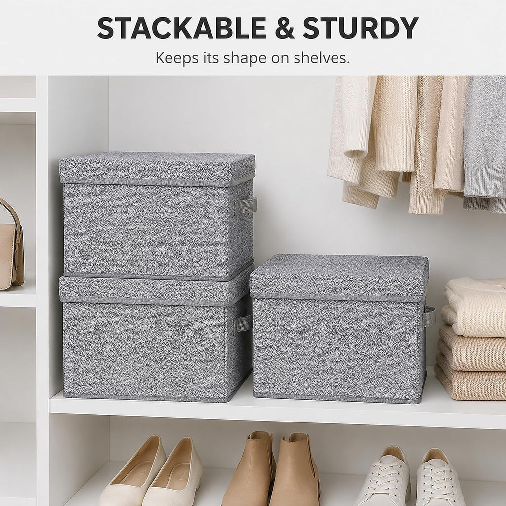 Foldable Storage Bins with Lids, Storage Boxes with Handles, Closet Shelf Organizer, Fabric Storage Baskets