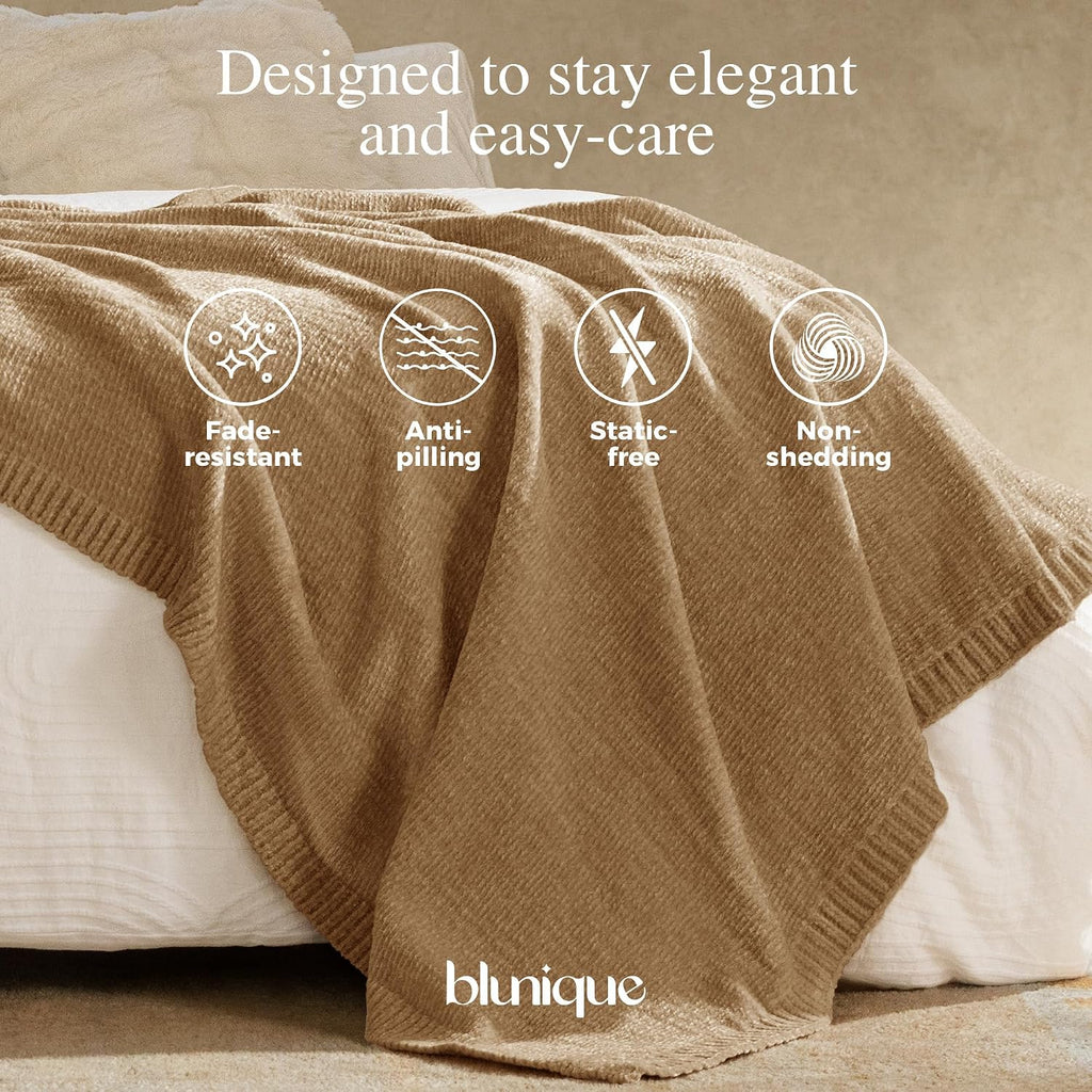 Chenille Throw Blanket, Cozy Soft Blanket Lightweight Decorative Throw, Stylish Home Decor, Ideal for Gifting, Khaki
