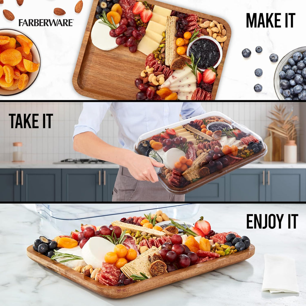 Acacia Wood Cutting Board with Clear Locking Lid, 11x14 Inch Charcuterie Board with Compartments, Reversible Serving