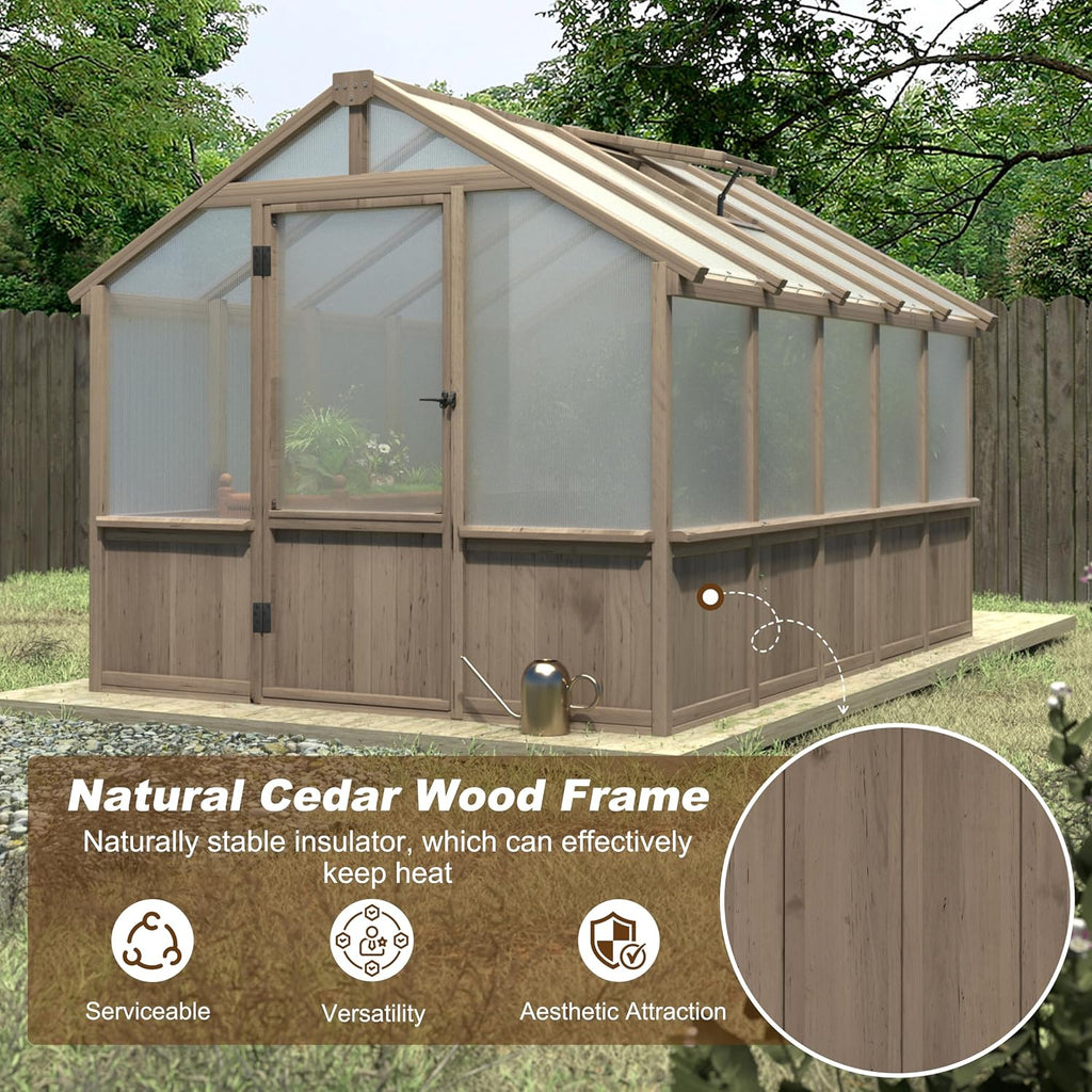 8x10FT Greenhouses for Outdoors, Walk-in Wooden Greenhouse with Cedar Frame & Adjustable Vent, Garden Green House