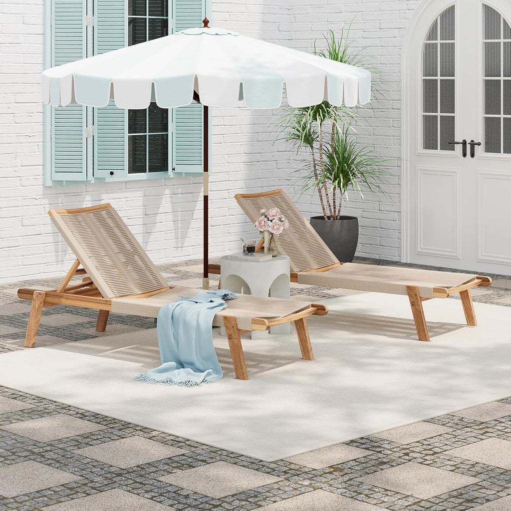 Set of 2 Outdoor Patio Wood Adjustable Chaise Lounges with Rope Seating, Rope Chaise Lounge with Acacia Wood Frame