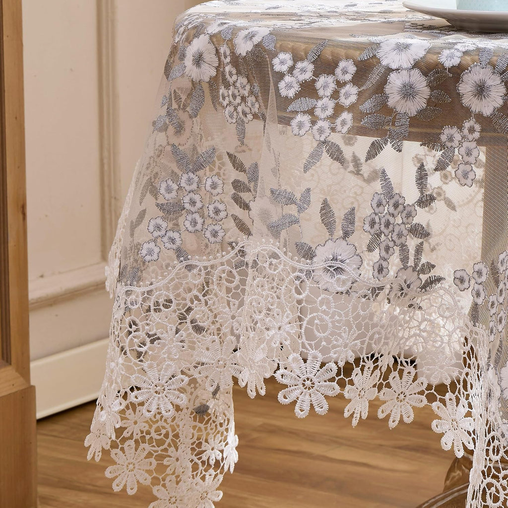 Floral Lace Tablecloth Grey with White Silver Embroidered Flowers 33”x33” Square Small Table Cover (