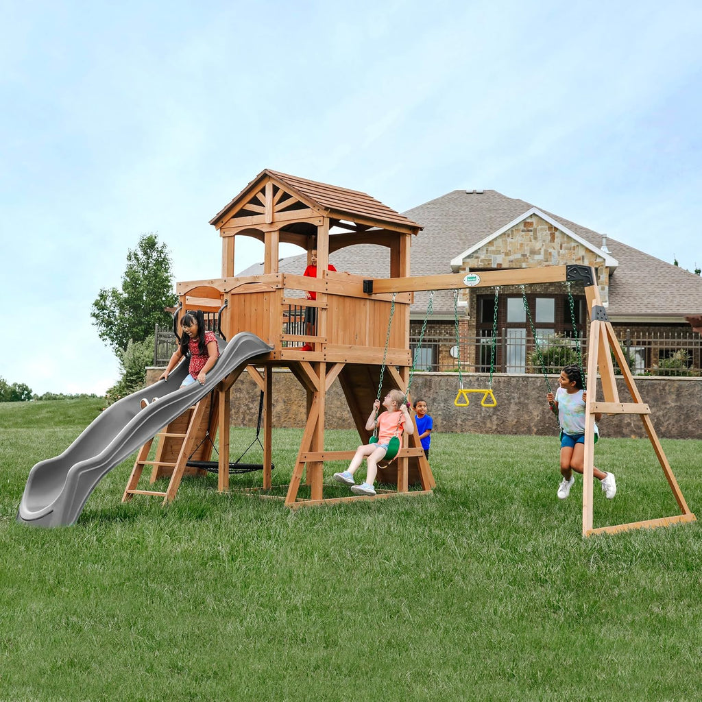 Sterling Point Cedar Wood Swing Set with Wave Slide, Raised Clubhouse, Wooden Bridge, Rock Wall, Belt Swings, Web