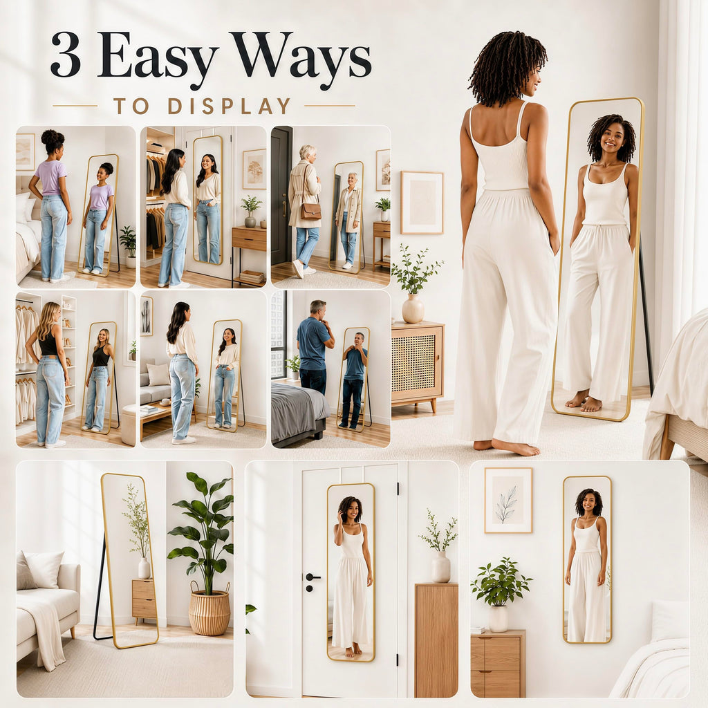 57x20" Full Length Mirror Floor Stand, Over the Door, Wall Mounted Gold