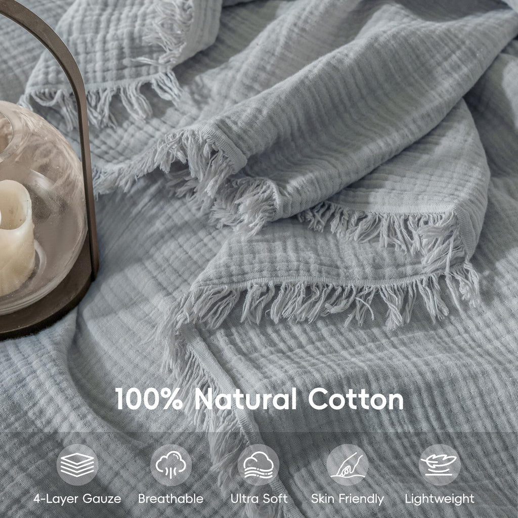Muslin Fringe Throw Blanket 100% Cotton 4-Layer Airy Gauze