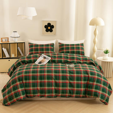 Cotton 3 Pcs Duvet Cover Set Linen Feel Buffalo Plaid Queen