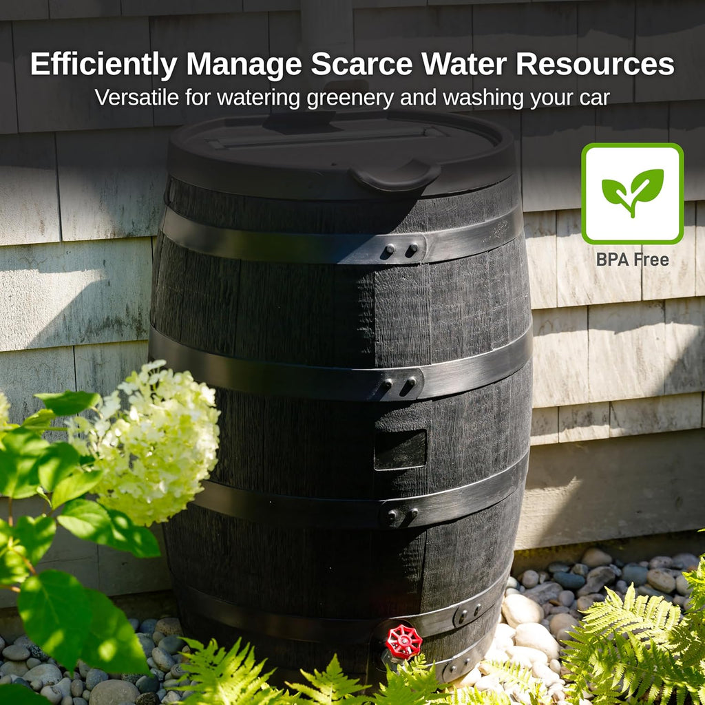 Premium 55-Gallon Eco Rain Barrel with Removable Lid, Flat Back Rain Water Collection Barrel, Made with 100% Recycled