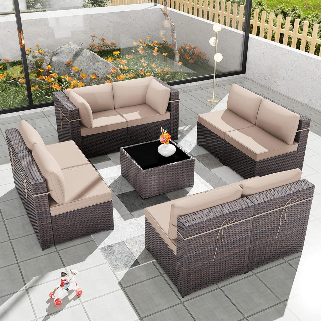 9 Pieces Patio Furniture Set, Rattan Wicker Outdoor Conversation Sets w/4 Inch Cushion and Glass Coffee