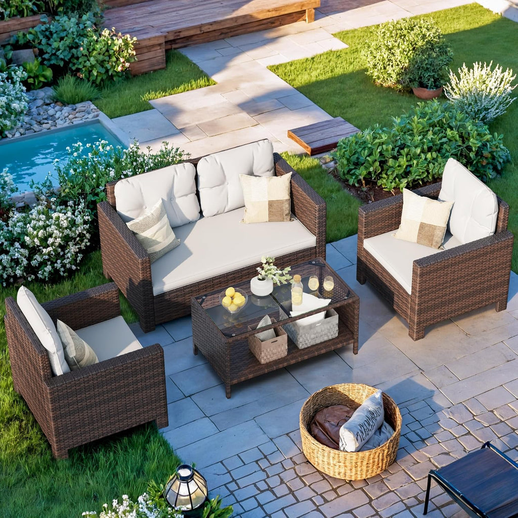 4 Pieces Patio Furniture Sets Rattan Chair Wicker Conversation Sofa Set