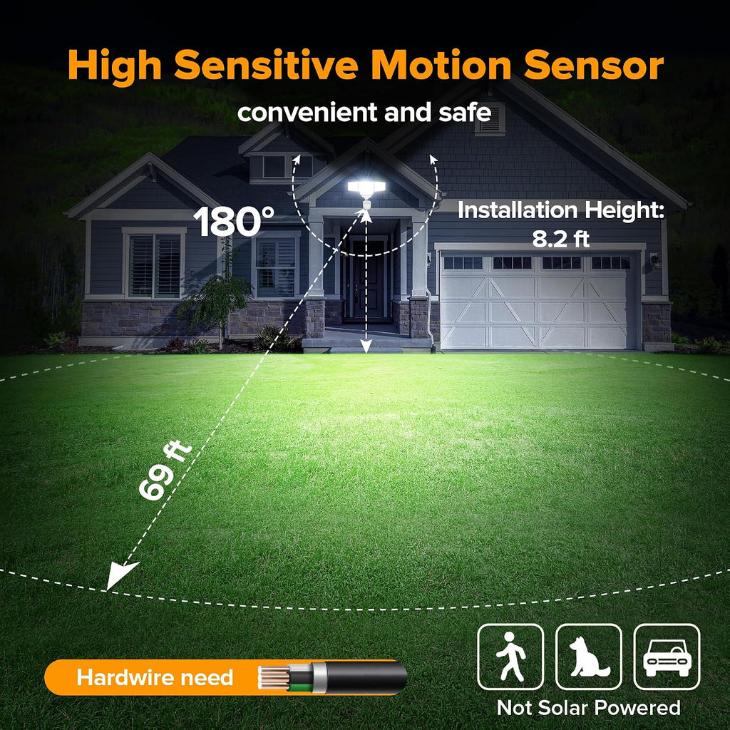 80W 9000LM LED Security Light Hardwire Motion Sensor Outdoor Lights, 4 Head LED Flood Lights Outdoor 5000K Daylight