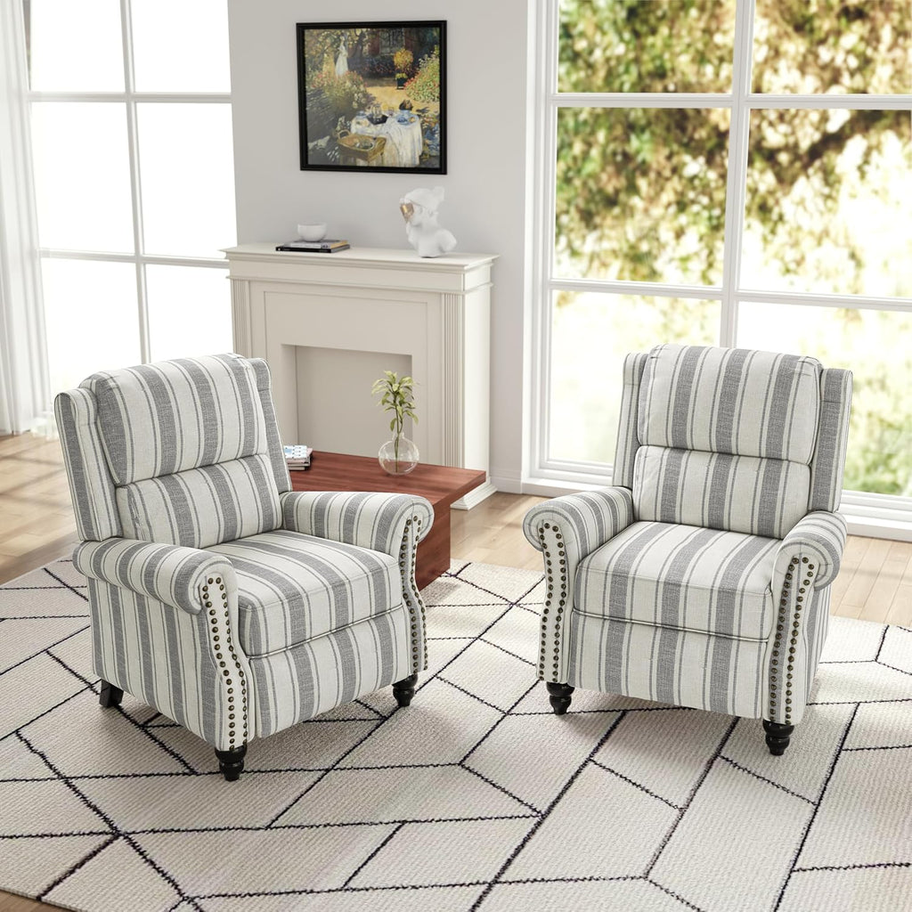 Pushback Recliner Chair, Modern Wingback Recliner, Stripe Gray | Upholstered Push Back Armchair | Comyf Fabric |