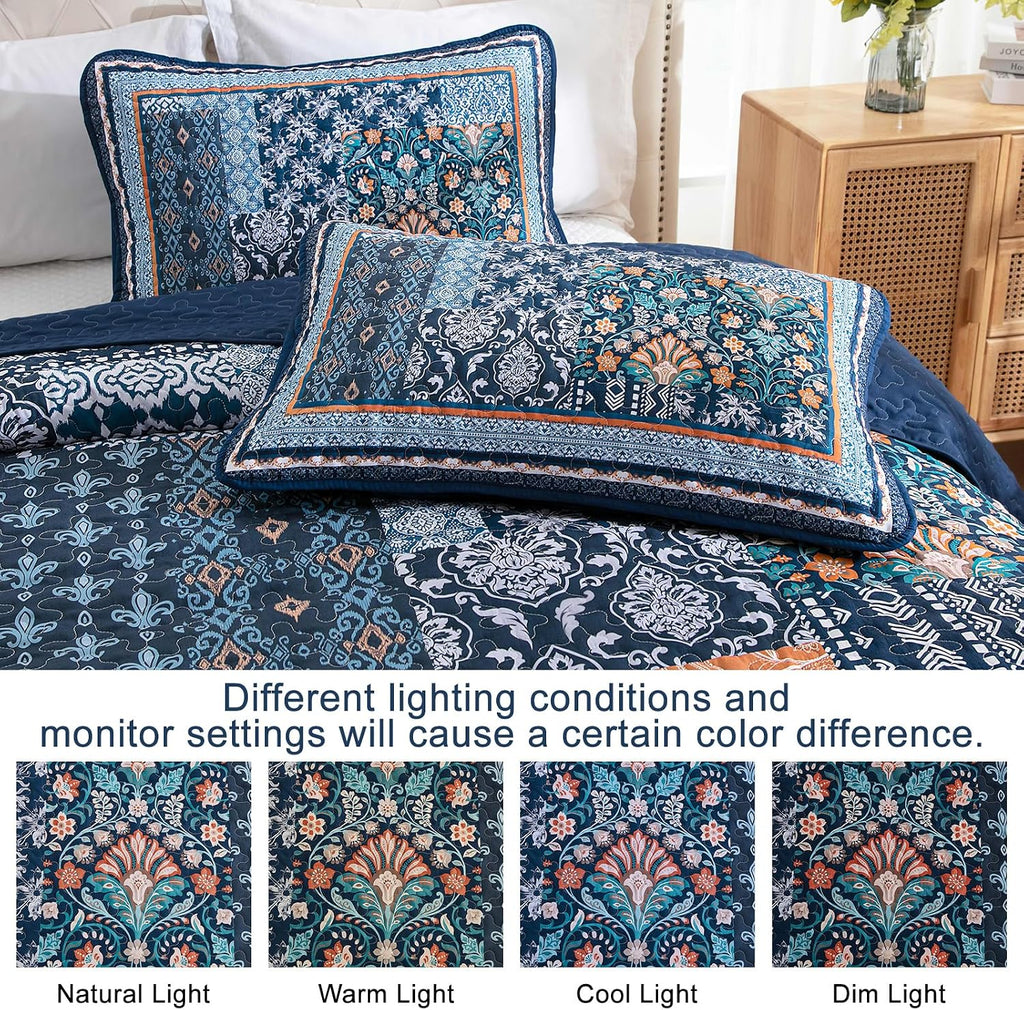 Navy Blue Quilt Set, Bohemian Patchwork Bedspread Coverlet Set, Reversible Farmhouse Floral Pattern Bedspreads