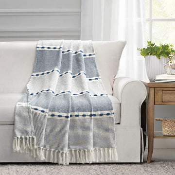 Herringbone Stripe Woven Tassel Yarn Dyed Cotton Tassel Throw Blanket 50" W x 60" L Navy & White - Striped Throw