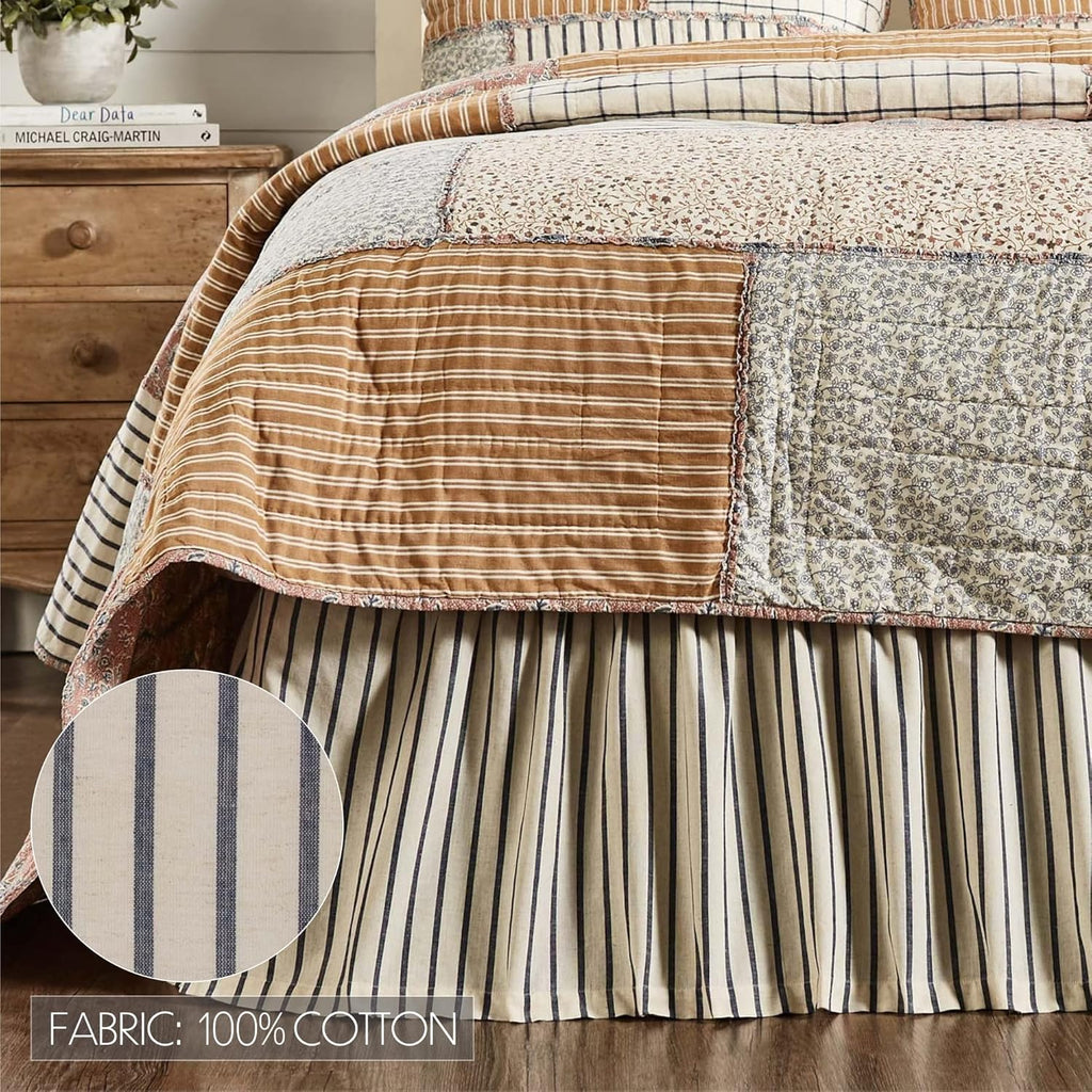 Vintage Country Farmhouse Kaila Gathered Blue Stripe King Bed Skirt 78x80x16