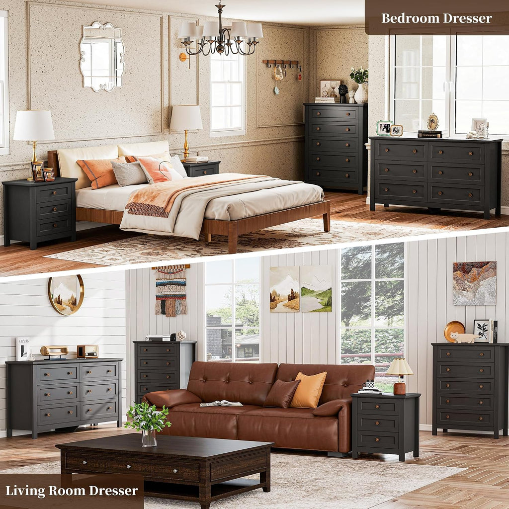 Farmhouse Dresser Nightstand Sets, 4-Piece Bedroom Furniture Set | 5/6 Drawer Dresser Closet & 3 Drawer Nightstand