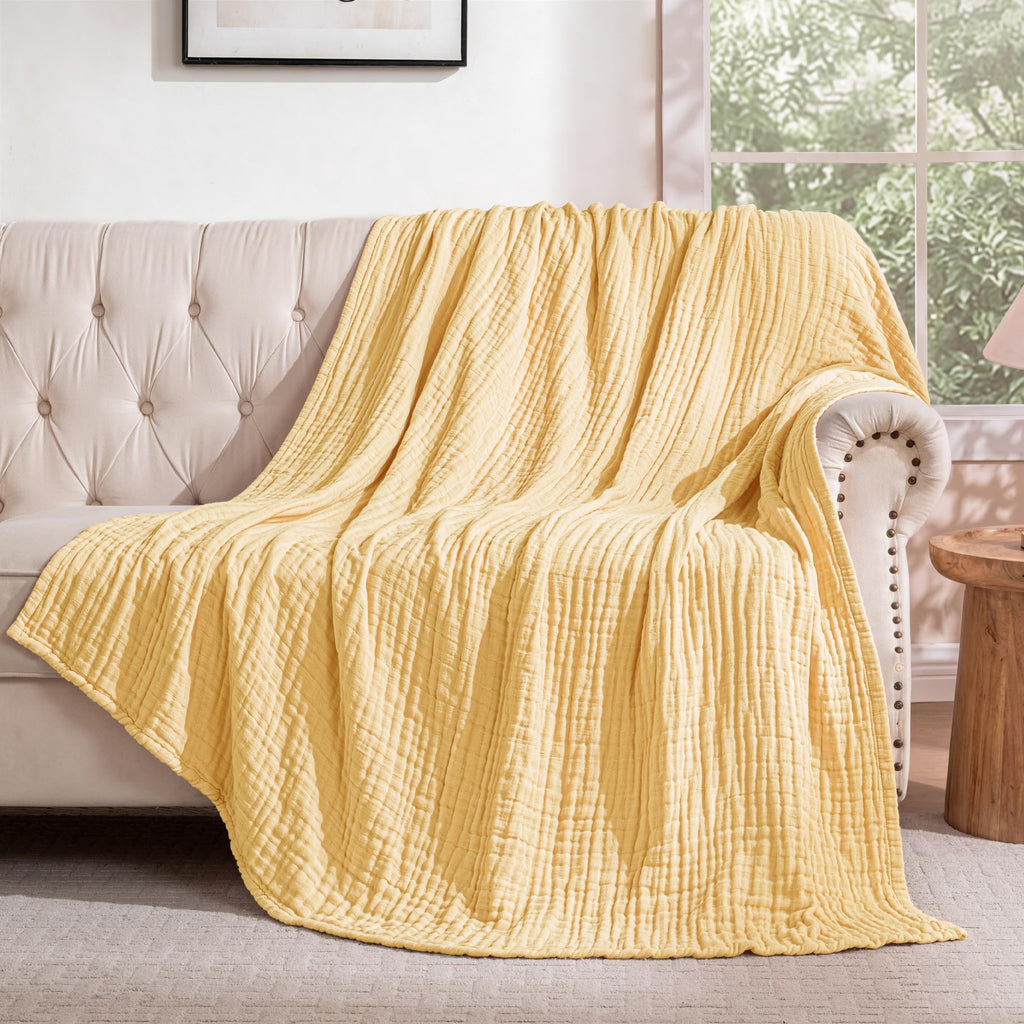 100% Cotton 6-Layer Muslin Throw Blanket, Yellow