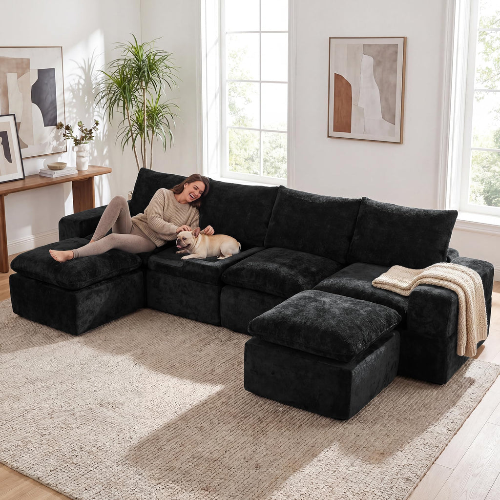 130" U Shaped Modular Sectional Sofa, 6 Seat Cloud Couch, Black
