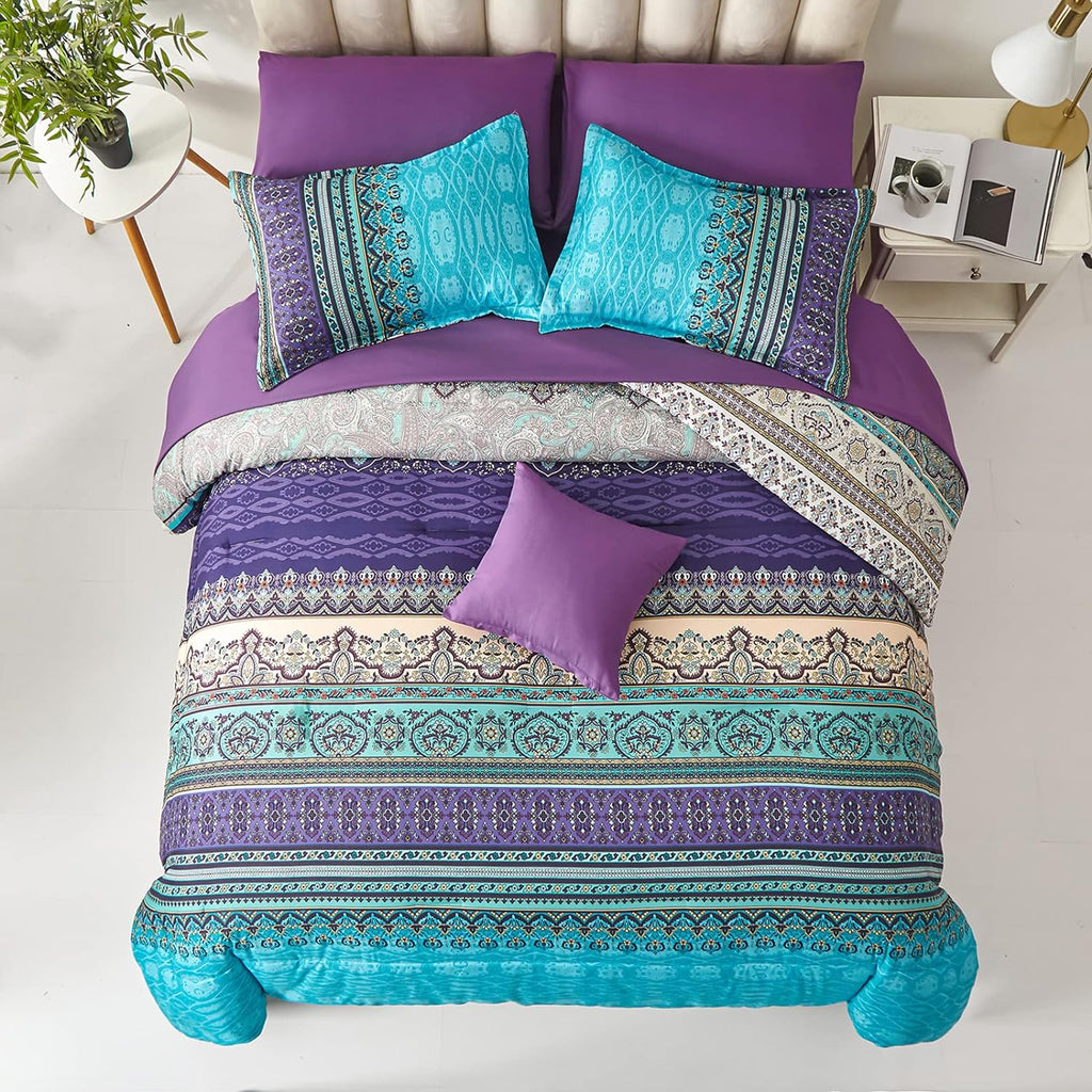 Boho Comforter Set 8 Piece Bed in a Bag Bohemian Striped Bedding Quilt Set Aqua Paisley Floral