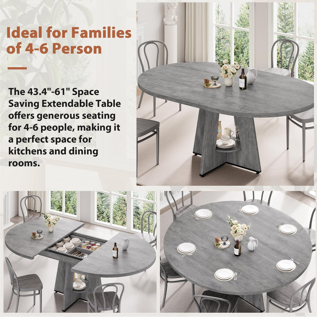 Extendable Dining Table, Round Kitchen Dining Room Dinner Table with for 4 6 8 People, Space Saving Modern Oval
