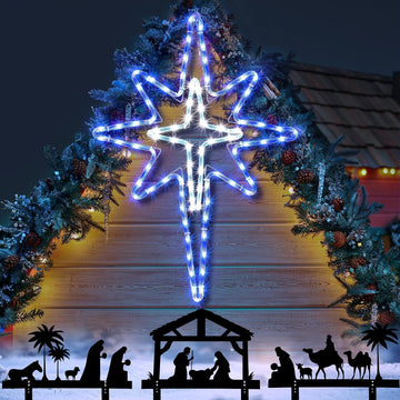 26" Bethlehem Star Outdoor Christmas Lights, 149 LEDs Christmas Tree Lights with Nativity Scene Garden Stakes, Star