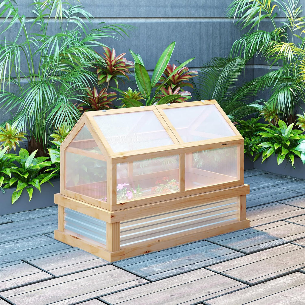 48x24x32'' Wooden Cold Frame Greenhouse Raised Bed with Polycarbonate Lid | Hinged Top for Ventilation & Easy