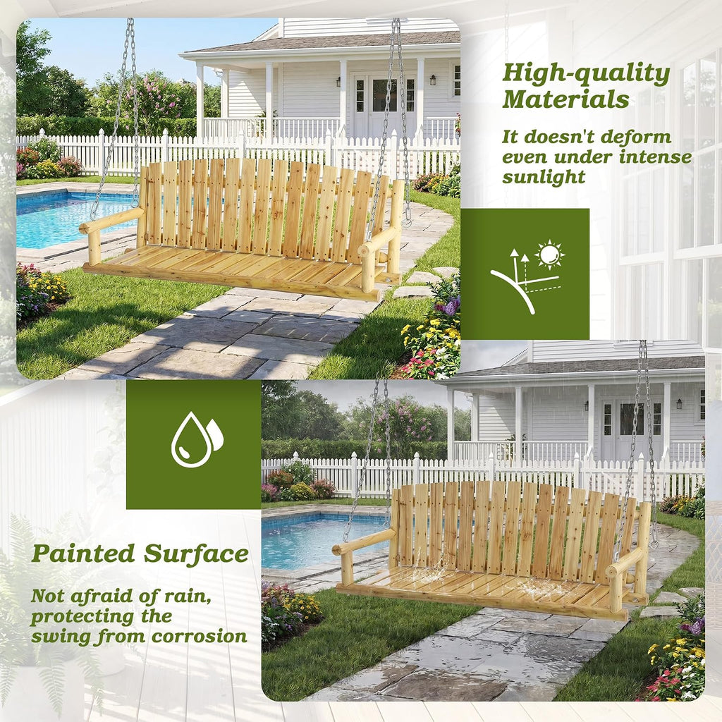 5FT Outdoor Wooden Porch Swing, 3 Person Patio Hanging Bench, Heavy Duty 900 LBS Swing Chair, Solid Fir Wood Porch