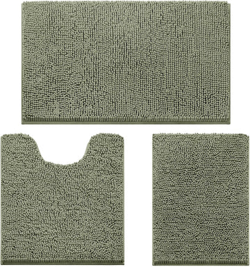 3 Pieces Bathroom Rugs, Ultra Soft Non Slip Absorbent Chenille Toilet Bath Mat Set (Sage Green)
