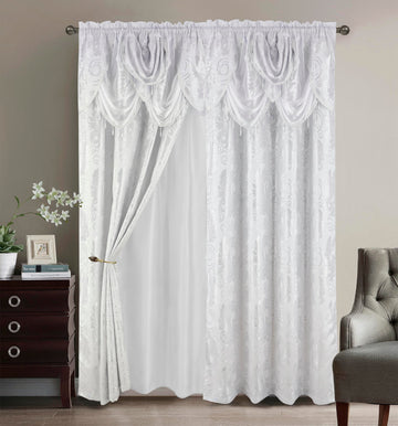 Jacquard Luxury Window 2 Panel Set White Curtain with Attached Valance and Backing Bedroom Living Room Dining 2