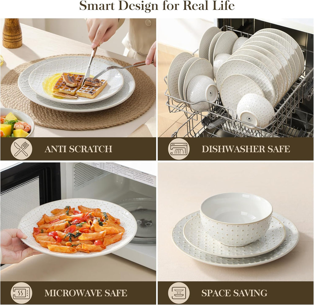 24 Piece Dinnerware Set, Embossed Ceramic Dish Sets Service for 8, Plates and Bowls Set
