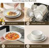 24 Piece Dinnerware Set, Embossed Ceramic Dish Sets Service for 8, Plates and Bowls Set
