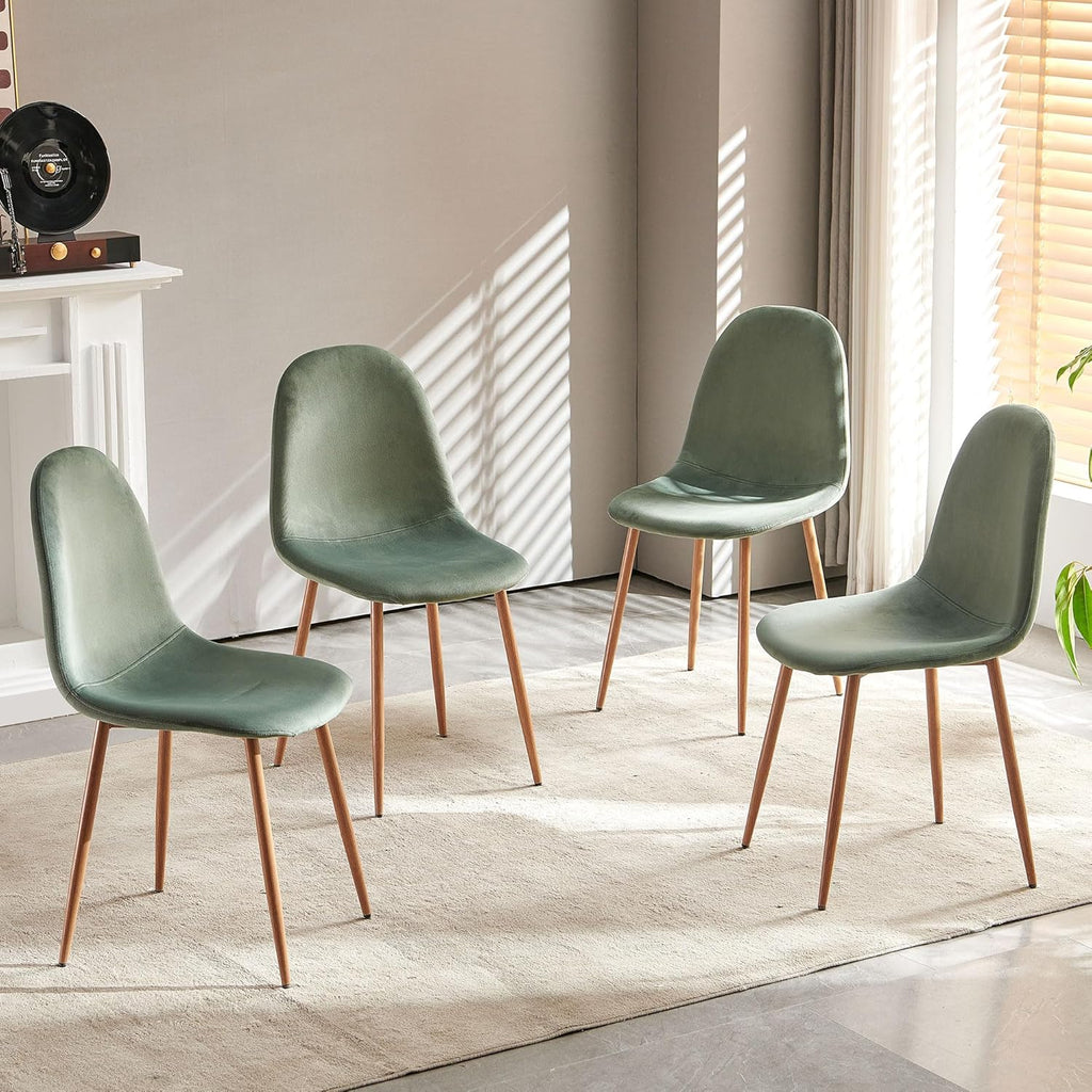 Dining Chairs Set of 4, Mid Century Modern Green Velvet Upholstered Fabric Kitchen Chairs with Backrest & Metal