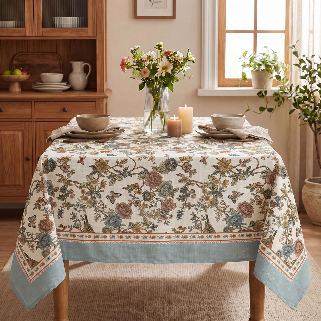 Linen Texture Tablecloth 60"×84" Rectange, Boho Rose Green