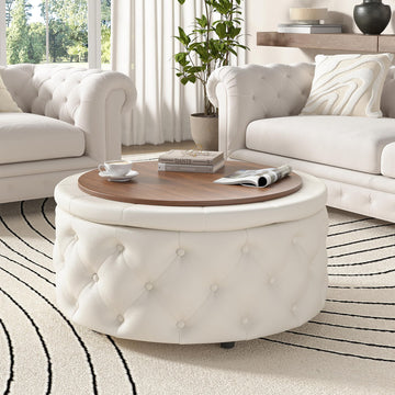 30 Inch Round Ottoman with Storage Tray, Large Coffee Table