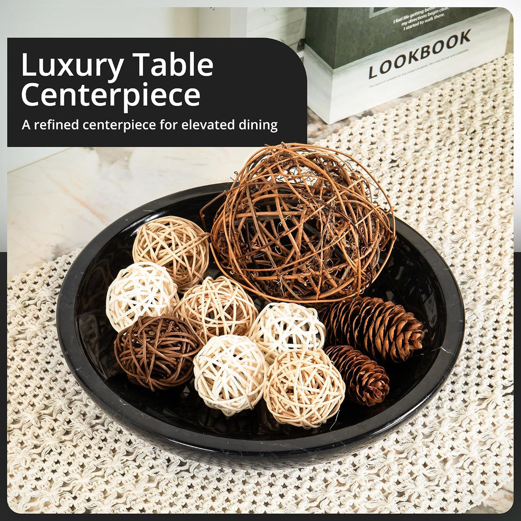Decorative Marble Bowl Black - Handcrafted Natural Stone on Acacia Wood Pedestal - Versatile 10" Catch‐All
