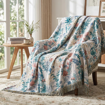 Boho Throw Blanket, 100% Cotton, Woven Floral Pattern, 50"x60"