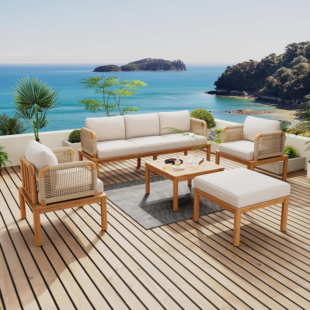 Outdoor 5-Piece Acacia Wood & Rope Patio Sofa Set with Ottoman & Table, Water-Repellent Cushions, for Garden & Patio