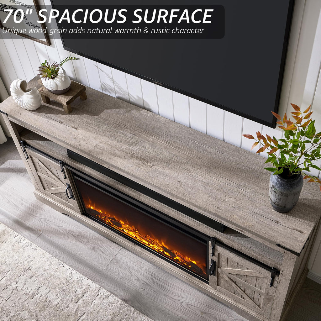 70" Farmhouse TV Stand with 36" Electirc Fireplace, Light Rustic Oak