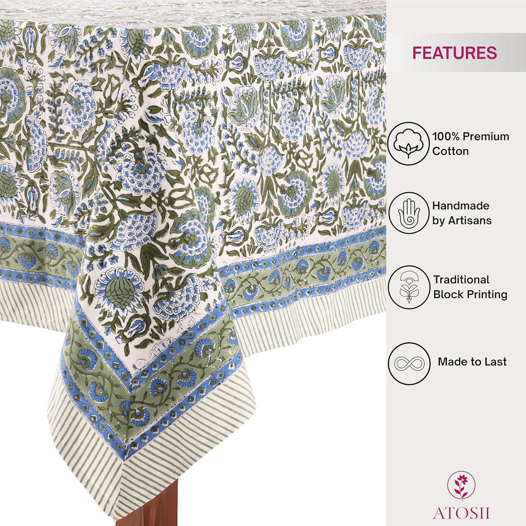 Clover Blue 100% Cotton Rectangle Fall Tablecloth, Handblock Floral Linen Table Cloth Dining Table I