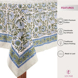 Clover Blue 100% Cotton Rectangle Fall Tablecloth, Handblock Floral Linen Table Cloth Dining Table I