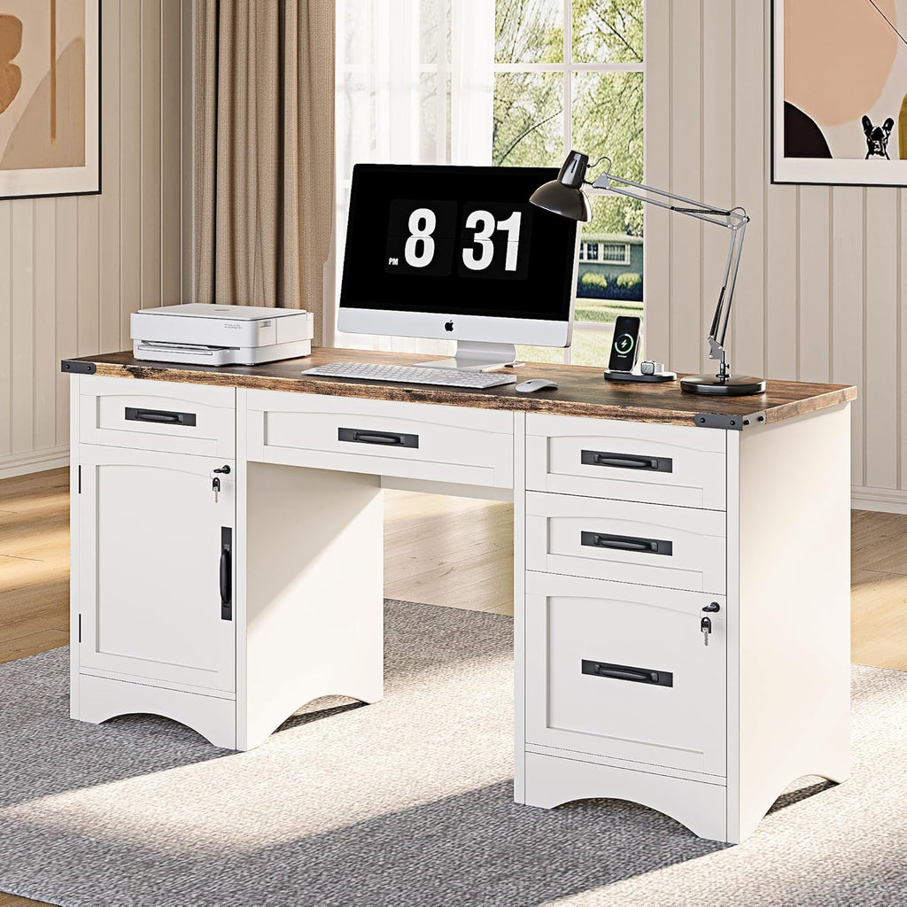 Farmhouse Executive Desk with Drawers, 55" Home Office Desks with Fast Charging Station, Lockable File Cabinet