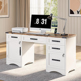 Farmhouse Executive Desk with Drawers, 55" Home Office Desks with Fast Charging Station, Lockable File Cabinet