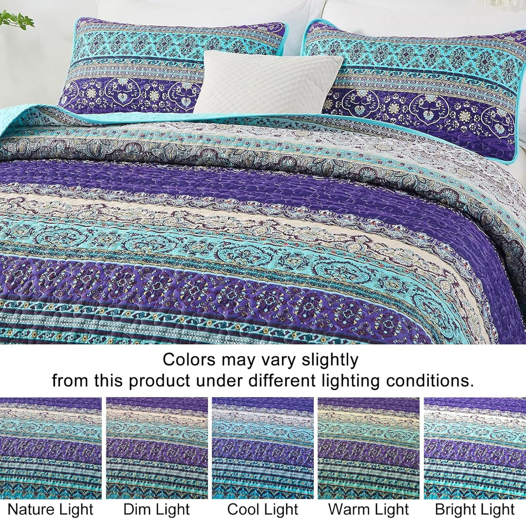 Boho King Quilt Bedding Set, 3 Pieces Soft Bedspread,Blue - Set of 3
