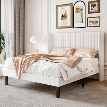 Queen Velvet Bed Frame with Vertical Channel Tufted Wingback Headboard, Upholstered Platform Bed with Wood Slats