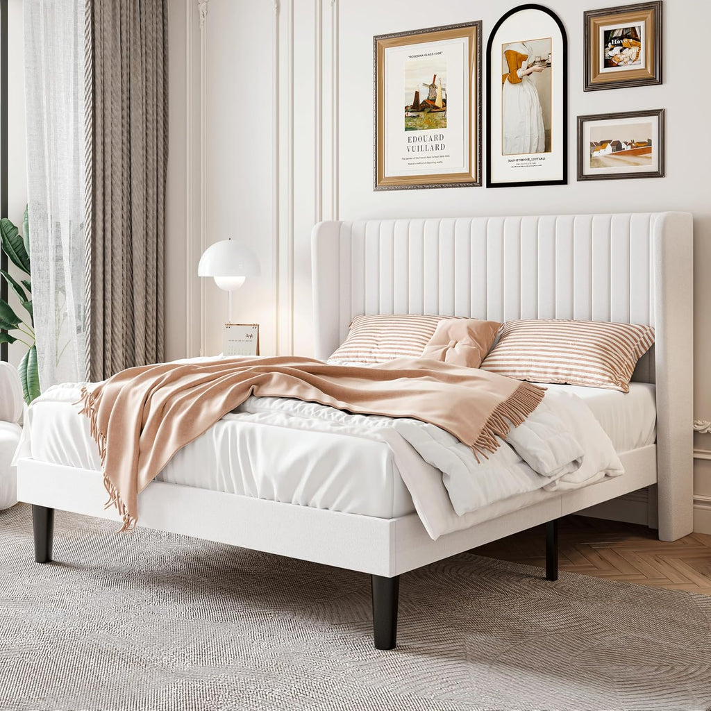 Full Velvet Bed Frame with Vertical Channel Tufted Wingback Headboard, Upholstered Platform Bed with Wood Slats