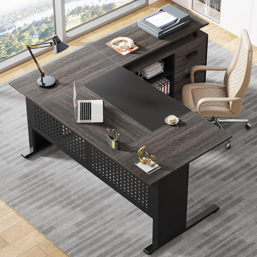 63 Inch Executive Desk with File Cabinet, L Shaped Office Desk with Drawers and Storage Shelves