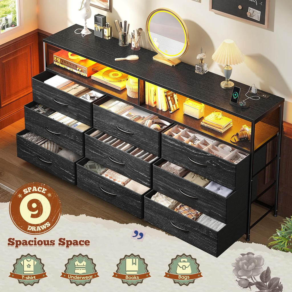 55" W Dresser with 9 Drawers LED, Power Outlets Fits 65" TV | TV Stand for 45, 55, 65 Inch TV Sturdy Long Chest of