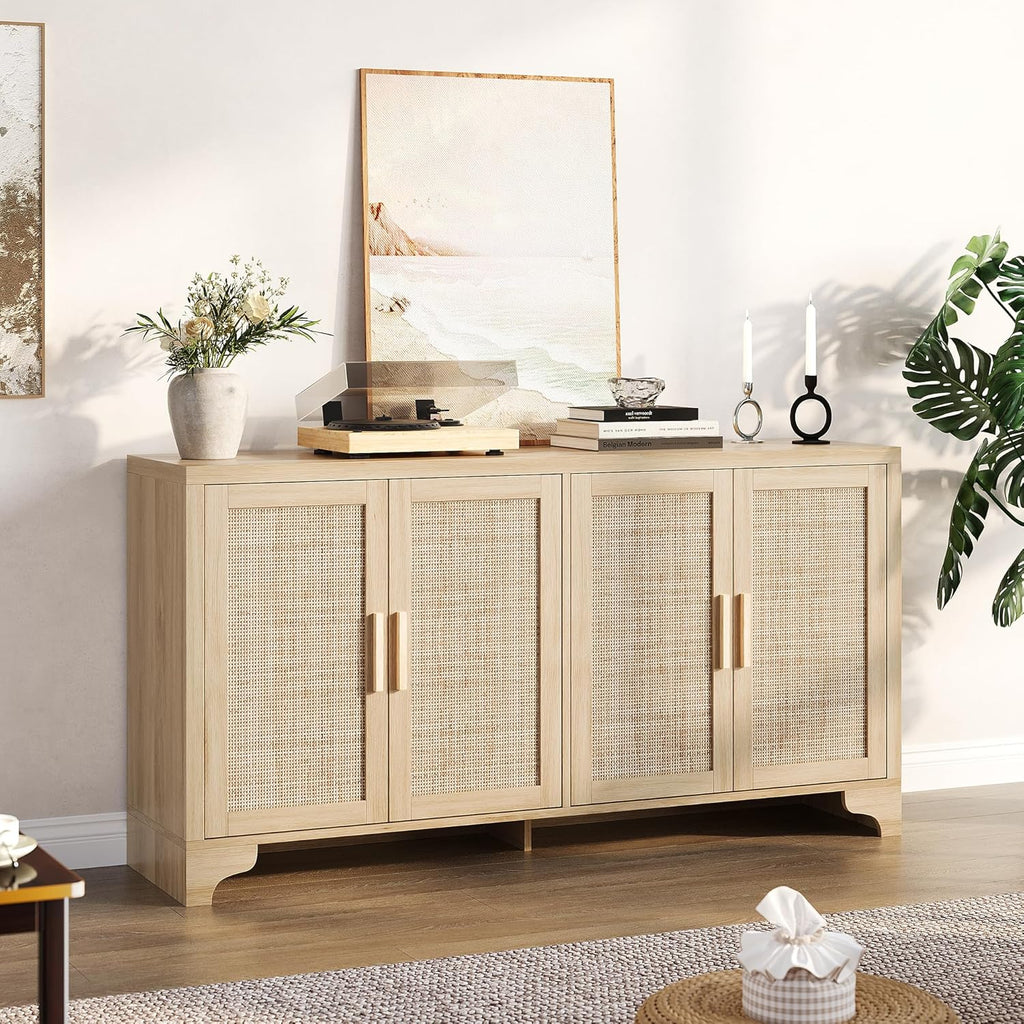 4-Door Sideboard Buffet Cabinet, Natural Rattan Storage Cabinet, Boho Entryway Console Table